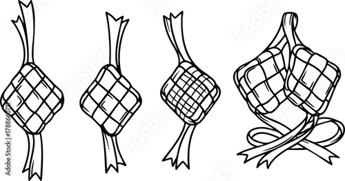 Ketupat traditional rice cake woven palm leaf vector outline for festive celebration design element