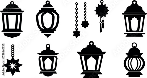 Vintage lantern and star pendant silhouette icons set in black vector design for decoration and lighting elements