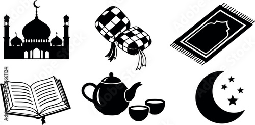 Islamic religious symbols vector set with mosque, prayer mat, Quran book, crescent moon, teapot and prayer beads in black silhouette style