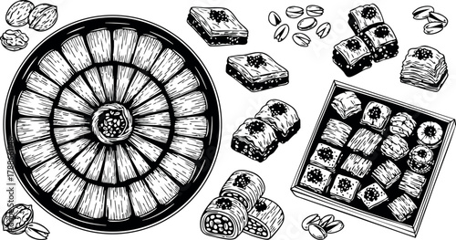 Assorted chocolate pralines and truffles arranged on round and square trays detailed hand-drawn vector art