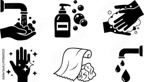 Hand washing hygiene icons with soap water faucet and towel symbols for cleanliness and health safety vector