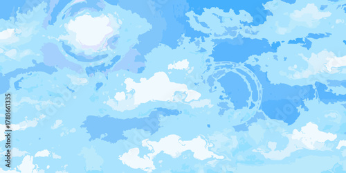 Abstract watercolor painting of a bright blue sky with swirling white and light blue clouds and subtle circular patterns