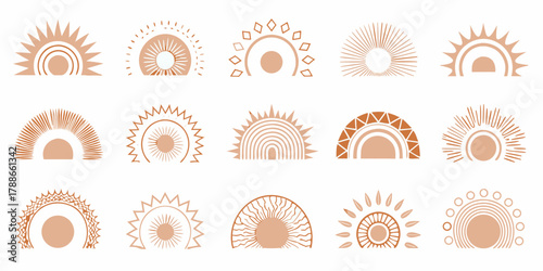 Collection of boho sun and rainbow icons in warm earth tones on white background