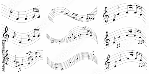 Collection of flowing musical staves with various black notes and clefs on a white background