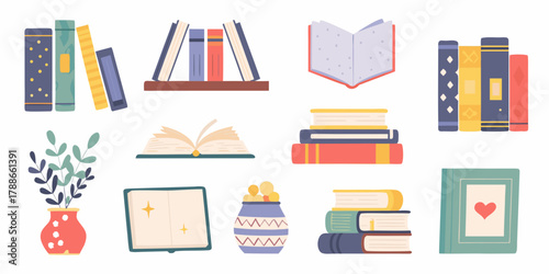 Collection of charming flat design illustrations featuring various books and decorative elements