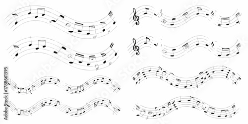 Wavy musical staff lines with black notes and clefs on a white background