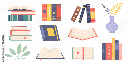 Collection of stylized flat design books and decorative elements for reading and learning