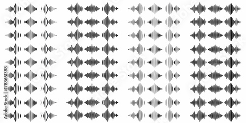 Collection of abstract sound waveforms and audio visualizations in diamond shapes