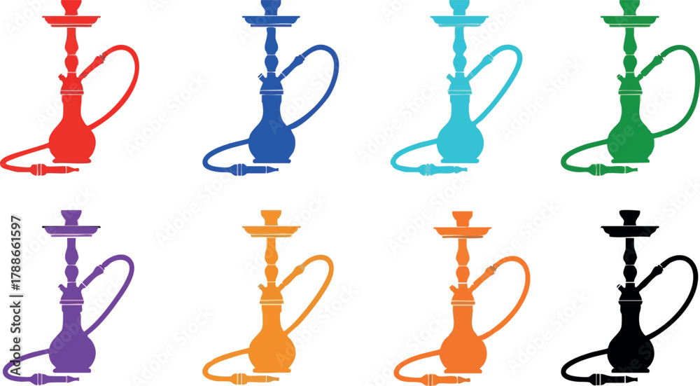Obraz premium Colorful hookah vector set with red blue cyan green purple orange and black shisha pipes design for smoking and leisure
