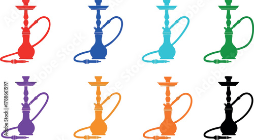 Colorful hookah vector set with red blue cyan green purple orange and black shisha pipes design for smoking and leisure