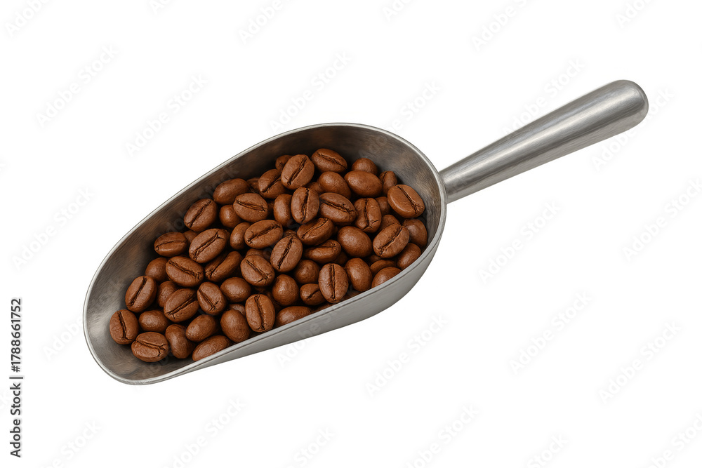 Obraz premium Roasted coffee beans filling metal scoop measuring caffeine