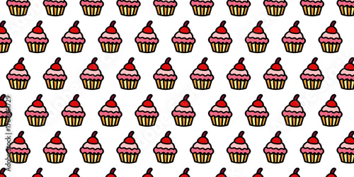A sweet seamless pattern of pixel art cupcakes with pink frosting and a cherry. An 8-bit style dessert and confectionery background
