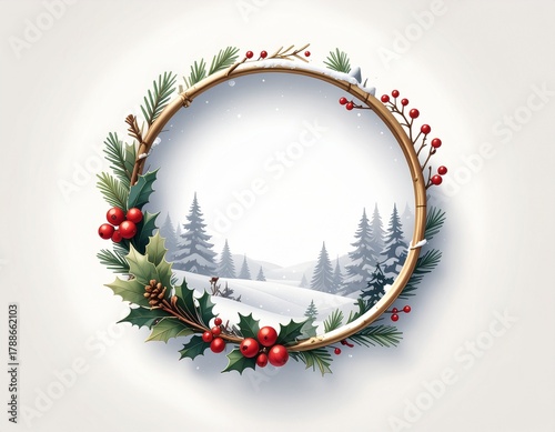Festive Wreath in a Snowy Wonderland: A charming circular wreath adorned with holly berries, and evergreen foliage. Inside this festive frame, a snowy winter landscape unfolds with evergreen trees.