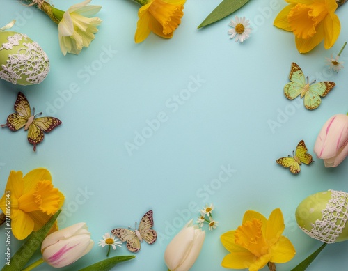 Easter floral arrangement: A charming springtime tableau features daffodils, tulips, decorative eggs and delicate butterflies forming a vibrant wreath around a central space.