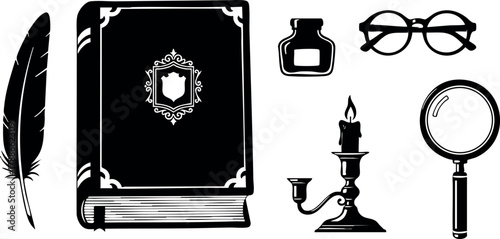 Vintage reading set with feather quill book ink bottle candle magnifying glass and spectacles vector illustration