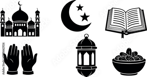 Islamic religious symbols vector set with mosque crescent stars lantern prayer hands holy book and dates bowl