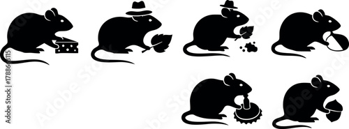 Silhouette rats eating cheese and food various poses simple black vector illustration