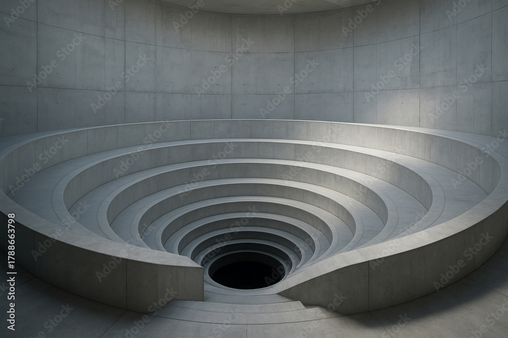 Fototapeta premium Abstract Concrete Spiral Structure with Deep Central Void Futuristic Circular Architectural Pit in Minimal Grey Interior