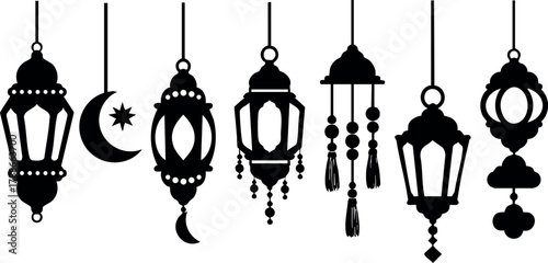 Traditional Islamic lanterns and crescent moon black silhouette vector collection for Ramadan decoration and celebration design