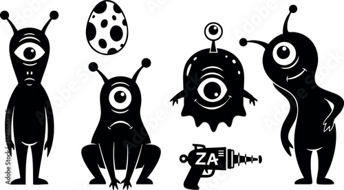 Cartoon alien monsters with one eye and antennae holding ray gun in black silhouette vector design