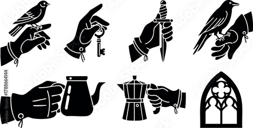 Vintage hand silhouette holding bird, key, coffee pot, and stained glass window vector set for classic design projects