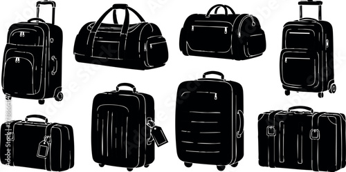 Set of black travel luggage bags and suitcases vector illustration for vacation and trip packing essentials
