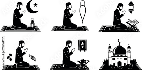 Muslim man praying in various Islamic worship acts including reading Quran and using prayer beads with mosque silhouette vector illustration