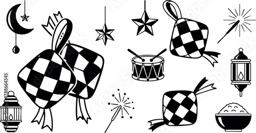 Ramadan celebration traditional lantern crescent moon star drum vector illustration black and white festive elements