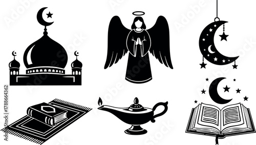 Islamic religious symbols mosque angel lantern Quran prayer mat vector illustration spiritual icons