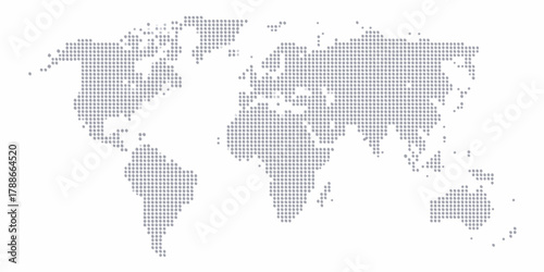 Abstract dotted world map illustration on white background representing global connectivity and information