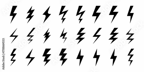 Collection of black lightning bolt icons representing electricity power and energy symbols