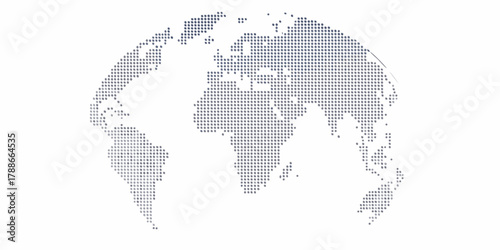 Abstract dotted world map globe illustration with a gradient of blue and grey dots on a white background