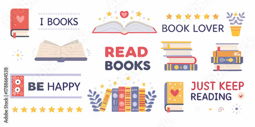 Collection of colorful illustrations and phrases celebrating reading and happiness with books
