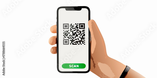 Hand holding a smartphone displaying a qr code with a scan button for digital transactions and information access