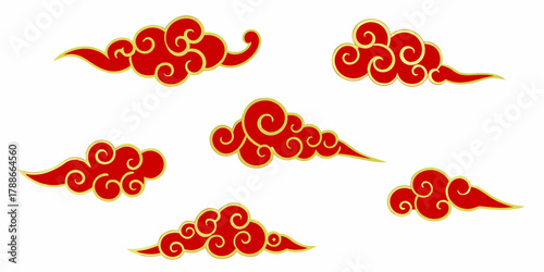 Collection of traditional red and gold chinese clouds isolated on a white background