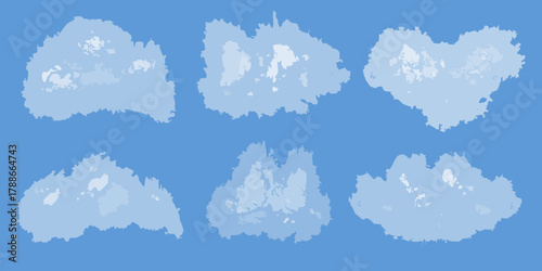 Stylized abstract clouds in various shades of blue and white against a solid blue background