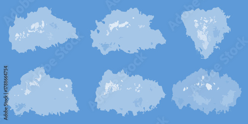 Stylized abstract light blue clouds scattered across a solid blue sky background