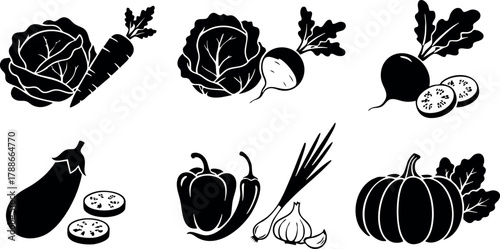 Black and white vector set of fresh vegetables including cabbage radish eggplant pepper garlic pumpkin leafy greens
