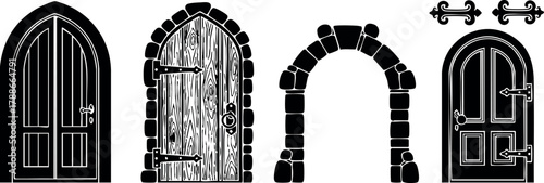 Gothic medieval doors and stone archway vector set with black silhouette style for architecture design and decoration