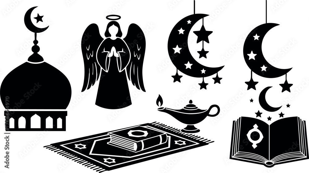 Fototapeta premium Islamic symbols crescent stars mosque lamp angel prayer rug and holy book vector illustration