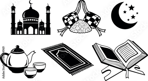 Islamic religious symbols mosque crescent prayer rug tea set and Quran in black silhouette vector illustration