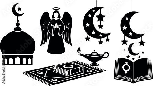 Islamic symbols crescent stars mosque lamp angel prayer rug and holy book vector illustration