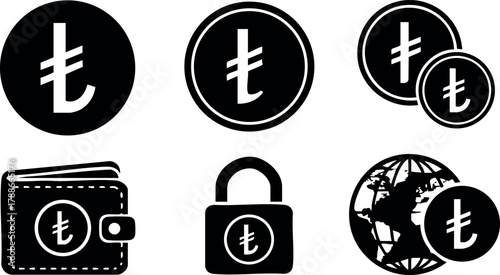 Turkish lira currency icons set with wallet, padlock, and globe symbols in black vector collection