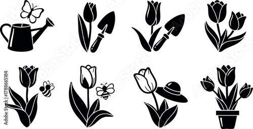 Tulip flowers with gardening tools and insects vector black silhouette set for spring gardening and nature designs