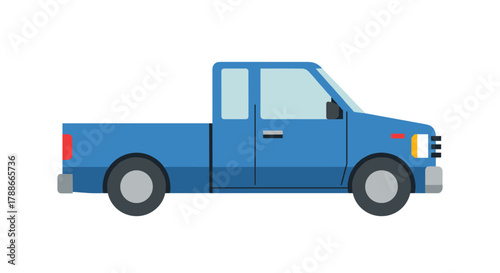 Blue pickup truck flat design illustration side profile isolated