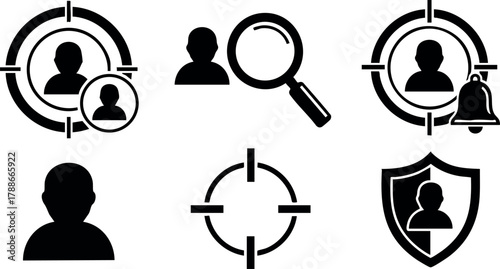 User profile security target icons with notifications and shield protection vector set for digital privacy and identity verification