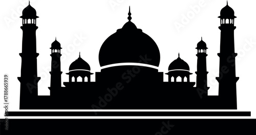Taj Mahal silhouette vector with iconic domes and minarets in black and white design for cultural and architectural use