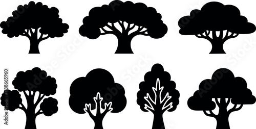 Tree silhouettes collection with various shapes and styles for design and nature themes vector illustration