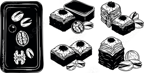 Traditional baklava dessert pieces and nuts black silhouette vector illustration for food design and bakery decoration