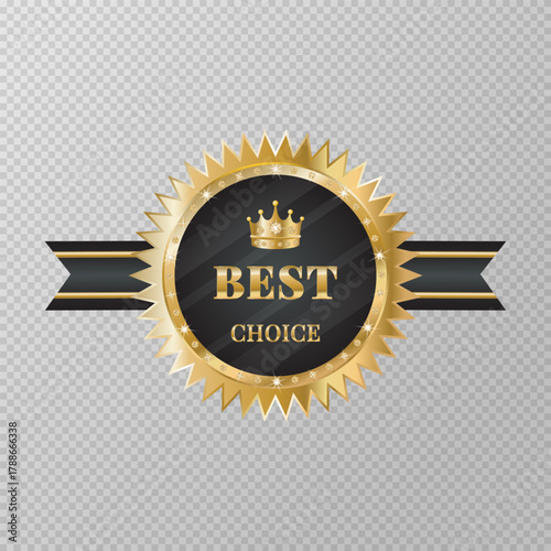 Best choice golden sign with diamonds and ribbon isolated on transparent background. Trophy for challenge. Award medal. Golden label. Design element for advertising.Premium quality.Vector illustration